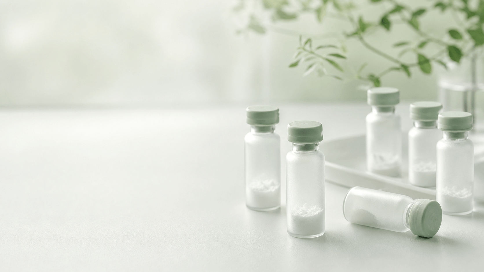 Frosted peptide vials arranged on a pale laboratory surface